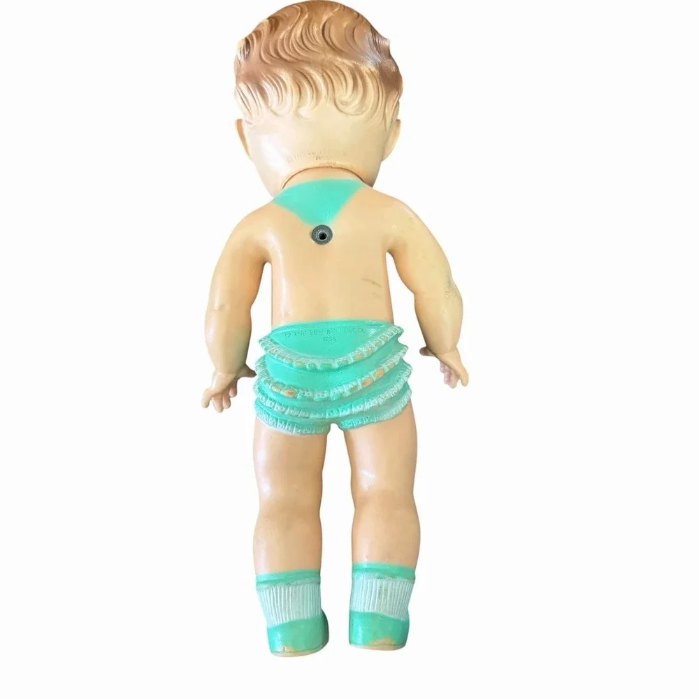 Vintage 1950s The Sun Rubber Baby Doll   Green‎ Romper MCM Toy 10